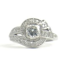 Vintage Art Deco Diamond Platinum Cocktail Ring, .83 ctw, 7.31 Grams | eBay Art Deco Platinum Ring With Halo Setting, Art Deco Round Halo Ring For Formal Occasions, Art Deco Platinum Rings With Halo Setting, Platinum Art Deco Ring With Halo Setting, Art Deco White Gold Round Halo Ring, Timeless 14k White Gold Diamond Ring With Pave Setting, Art Deco Round Brilliant Cut Ring, White Diamond Art Deco Cluster Ring, Platinum Diamond Ring With Pave Setting