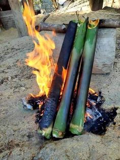 two bamboo sticks sitting next to each other on top of a fire