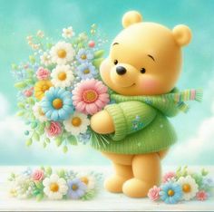 a painting of a teddy bear holding a bouquet of flowers