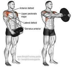 an image of a man doing exercises with dumbbells and barbells in front of his back