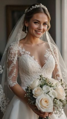 a woman in a wedding dress holding a bouquet and smiling at the camera while wearing a veil