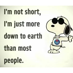 a cartoon dog wearing sunglasses and pointing to the right with words written below it that says, i'm not short, i'm just more down to earth than most people