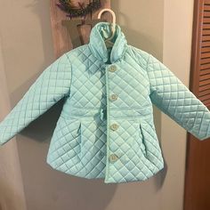 Never Worn Cute Light Blue Winter Outerwear, Cute Blue Long Sleeve Outerwear, Blue Cotton Outerwear For Playtime, Long Sleeve Outerwear For Playtime In Spring, Spring Playtime Outerwear With Pockets, Cute Outerwear For Spring Playtime, Cute Blue Outerwear For Fall, Cute Outerwear For Cold Spring Weather, Cute Blue Fitted Outerwear