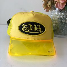 Nwt Von Dutch Vintage Limited Edition Hat Trendy Yellow Trucker Hat For Spring, Trendy Yellow Trucker Hat With Curved Brim, Trendy Yellow Trucker Hat For Summer, Yellow Flat Brim Baseball Cap For Summer, Trendy Yellow Baseball Cap For Summer, Trendy Yellow Visor Baseball Cap, Trendy Yellow Trucker Hat For The Beach, Trendy Yellow Baseball Cap With Visor, Yellow Trucker Hat Baseball Cap For Spring