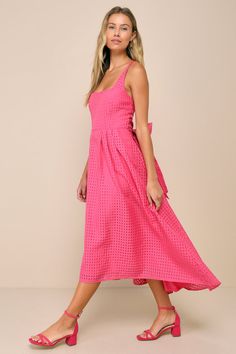 There's always room in your closet to add one more must-have piece, like the Lulus Definitely Stunning Hot Pink Gingham Burnout Midi Dress! This sensational dress is composed of lightweight woven fabric that boasts a gingham-inspired burnout design throughout as it shapes a princess-seamed bodice and a flattering square neckline, all supported by slender adjustable straps. The high, fitted waist features long tying sashes that secure at the back, all atop a skater-style skirt with pleated detail Spring Plaid Midi Dress Knee-length, Spring Plaid A-line Dresses, Spring Gingham Dresses, Chic Gingham A-line Dress, Chic Gingham Maxi Dress For Summer, Chic Summer Plaid Maxi Dress, Chic Plaid Maxi Dress For Summer, Pink Midi Length Dress For Picnic, Pink Midi Dress For Picnic