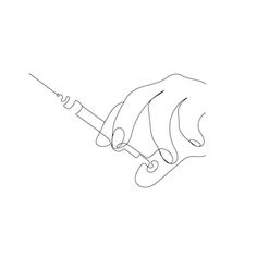 a line drawing of a hand holding a screwdriver with the needle pointing towards it