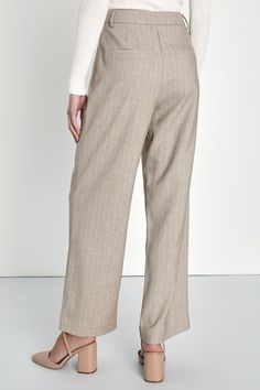 Everyone will take notice when you walk in wearing the Lulus Professionally Posh Beige and White Pinstriped Wide-Leg Pants! Midweight woven fabric, with pinstripes throughout, shapes these pants that have a high waist, belt loops, and front diagonal pockets. Back boasts two decorative welt pockets, atop wide legs that fall to ankle-grazing hems. Hidden zip fly with top clasp closure. Fit: This garment fits true to size. Length: Ankle length. Size medium Inseam: 29.00 Front Rise: 13.00 Waist: Fit Lulu Fashion, Wide Legs, Professions, Waist Belt, Welt Pockets, Ankle Length, Walk In, Leg Pants, Woven Fabric