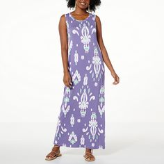 Colleen Lopez Printed Ikat Maxi Dress  For an easy-breezy look that's sure to turn heads, this sleeveless maxi dress is a great option. Casual Sleeveless Maxi Dress For Spring, Casual Sleeveless Maxi Dress, Casual Sleeveless Maxi Dress For Vacation, Casual Purple Sleeveless Dress For Vacation, Casual Chiffon Maxi Dress For Day Out, Casual Purple Sleeveless Sundress, Casual Embroidered Maxi Dress, Purple Maxi Length Sundress For Vacation, Purple Sundress Maxi For Spring