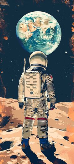 an astronaut standing on the moon with earth in his back pocket and hands behind him