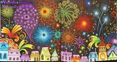 an image of fireworks in the night sky with buildings and houses on it's side