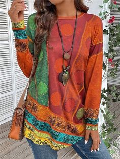 Shop Affordable Women T-shirts Spring/Fall T-shirt Long Sleeve Vintage T-shirt Geometric T-shirt Loose Daily Crew Neck On Justfashinnow.com Drop Shoulder Tee, Long Sleeve Tops Casual, Fall Winter 2024, Ethnic Print, Women Tunic Tops, Hooded Cardigan, Plus Size Kleidung, Women's T Shirts, 가을 패션