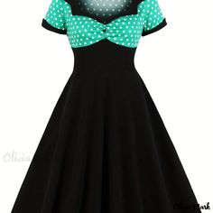 Olivia Mark - Womens Plus Size Retro Occasion Dress: Colorblock Polka Dot Print with Button Decor, Short Sleeve and Sweetheart Neckline, A-line Hepburn Style Dress Vestidos Retro, Robes D'occasion, Swing Design, Classic Vintage Style, Hepburn Style, Womens Apparel, Vestidos Vintage, Curve Dresses, Vintage Shorts