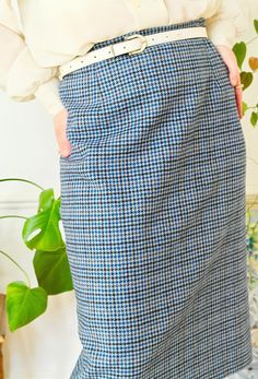 "Wool Skirt, Checked Skirt, Pencil Skirt, Vintage Lambswool. Classic vintage pencil skirt, made by quality clothing label Eastex and dating to the 1980s. This blue checked skirt is a timeless piece of secretary style clothing that is especially great quality and will never go out of style. Made in Great Britain, the fabric is 100% lambswool in blue checked print and fully lined. Flattering fitted pencil shape, sitting just below the knee, fastening with a rear zip and button. Looks smart and sty Blue Check Skirt, Secretary Style, Checked Skirt, Vintage Pencil, Skirt Wool, Check Skirt, Skirt Pencil, Simple Blouse, Winter Skirt