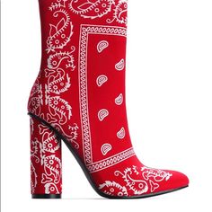 Mid Calf Boots With Stacked Block Heel With Side Zipper,Red Print Trendy Red Heeled Boots With Block Heel, Trendy Red Block Heel Boots, Trendy Red Boots With Block Heel, Trendy Red Boots With Square Toe, Red Casual Boots With Block Heel, Trendy Red Square Toe Boots, Trendy Red Ankle-high Heeled Boots, Casual Red High Ankle Heeled Boots, Red Bandana Shoes