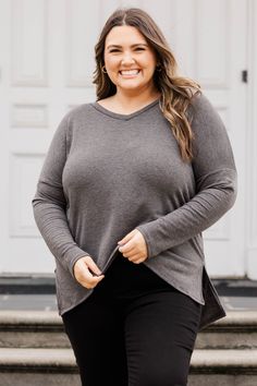 Chic Soul plus size clothing, charcoal colored slight v neck lightweight long sleeve with slits on the sides Chic Look, Charcoal Color, Dark Pink, Make It, Size 16, Cashmere, Leggings, Plus Size, Black And White