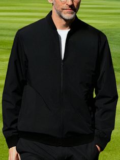 Stylish And Simple Baseball Jacket With Stand Collar, Outdoor Windproof Sports Leisure Coat Black   Long Sleeve Woven Fabric Plain  Non-Stretch  Men Activewear, size features are:Bust: ,Length: ,Sleeve Length: Long Sleeve Techwear Outerwear With Moisture-wicking, Moisture-wicking Long Sleeve Techwear Outerwear, Moisture-wicking Techwear Outerwear With Long Sleeves, Black Track Jacket With Stand Collar For Outdoor, Long Sleeve Moisture-wicking Outerwear For Outdoor Activities, Moisture-wicking Long Sleeve Outerwear For Outdoor Activities, Sporty Track Jacket With Stand Collar For Outdoor, Sporty Outdoor Track Jacket With Stand Collar, Sporty Black Windbreaker With Stand Collar