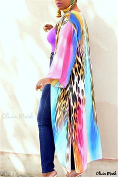 Olivia Mark - Modern and Stylish V-Neck 9-Sleeve Blazer and Jacket Set with Colorful Rainbow Print Chiffon Outer, Outer Dress, Chiffon Cardigan, Split Design, White Short Dress, Workwear Fashion, Printed Blazer, Cardigan Top, Rainbow Print