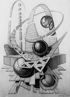 a pencil drawing of an abstract object with geometric shapes and lines in the background,