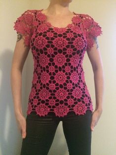 Handmade crochet lace top, size Small/Medium. 37"/30"/37" Made from 'Artiste' 100 % mercerized Egyptian Cotton thread, color 'Dawn Rose'. Lining is not included. Pink Lace Fitted Blouse, Pink Fitted Lace Blouse, Fitted Lace Pink Blouse, Fitted Lace Top With Crochet Trim And Short Sleeves, Fitted Crochet Blouse, Fitted Pink Top With Crochet Trim, Pink Stretch Lace Top, Stretch Crochet Lace Top, Stretch Crochet Top In Pink