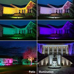 four different types of lights in front of a house at night and on the outside