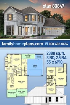 two story house plan with three car garages and an attached living room, dining area and