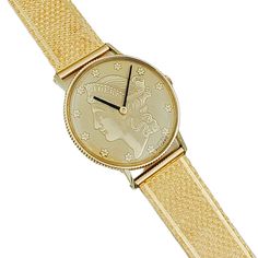 Ladies Lucien Piccard Liberty 18K Yellow Gold Coin Watch with Solid Gold Band. Pre-Owned Gender: Ladies. Dial Color: Gold. Type: Wristwatch. Case Size: 33mm. Condition: Excellent. Brand: Lucien Piccard. Bezel: 18K Yellow Gold. Coin Material: 18K Yellow Gold. Band Material: 18K Yellow Gold. Bezel Material: 18K Yellow Gold. Service Date: Fully Serviced on 09/28/2022. Movement: Automatic Self-Winding (Manual). Warranty: One (1) Year Limited Service Warranty. Formal Yellow Gold Automatic Watches, Elegant Yellow Gold Automatic Watches, Gold Service, Yellow Gold Self-winding Watches, Vintage Yellow Gold Self-winding Watch Accessories, Luxury Gold Self-winding Watches, Zenith Watches, Chanel Watch, New Rolex