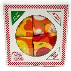 four pairs of fruit socks are in a box with red and white checkerboard