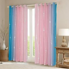 pink and blue curtains in a living room