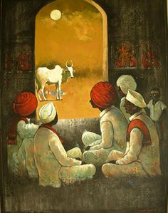 an oil painting of three people sitting in front of a window with a cow on the other side