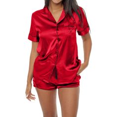 This women's satin pajama set from Alexander Del Rossa would be a great addition to any wardrobe. The short sleeved pajama top features a button down front, two front pockets and a collar with contrasting trim. The bottoms feature an elastic waist for a comfortable fit. Red Short Sleeve Pajama Party Set, Red Short Sleeve Sets For Pajama Party, Red Short Sleeve Sleepwear For Pajama Party, Satin Short Sleeve Bedtime Set, Red Satin Sleepwear For Loungewear, Satin Bedtime Set With Short Sleeves, Satin Bedtime Sets With Short Sleeves, Satin Sleepover Set With Short Sleeves, Satin Short Sleeve Sleepover Sets