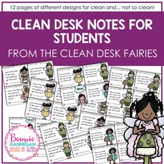 clean desk notes for students from the clean desk fairies with pictures and text on them