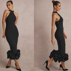 two pictures of a woman wearing a black dress and high heels, one in the process of being photographed