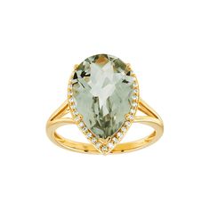 Show off your style with this luxurious ring fit for a queen. This 10K yellow gold ring features a 4 1/2 ct 15 by 10mm pear-cut natural green amethyst with a split shank and a total of 1/6 ct round-cut diamonds haloing the center stone. Ring face measures 11/16 by 7/16 inches. Size: 9.  Gender: female.  Age Group: adult. Elegant Yellow Gold Amethyst Ring With Diamond Accents, Elegant Pear-shaped Amethyst Ring, Elegant Teardrop Amethyst Ring For Formal Occasions, Elegant Pear-shaped Amethyst Ring For Formal Occasions, Elegant Teardrop Ring With Gemstone Accents, Elegant Teardrop Rings With Gemstone Accents, Elegant Pear-shaped Yellow Gold Birthstone Ring, Elegant Formal Pear-shaped Amethyst Ring, Elegant Pear-shaped Birthstone Ring For Formal