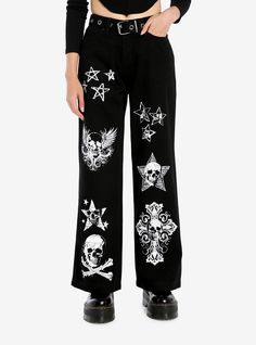 These striking black wide-leg jeans are printed with different types of skull icons (like a skull and crossbones  a skull with wings and more) and comes with a removable grommet belt.66% cotton; 23% polyester; 6% lyocell; 5% otherWash cold; dry lowRise: 13"Inseam: 27" Leg opening: 12"ImportedListed in junior sizesModel is 5'10"Model wears size 3 Casual Black Pants With Skull Print, Casual Black Skull Print Bottoms, Casual Black Bottoms With Skull Print, Black Edgy Jeans For Halloween, Edgy Black Halloween Jeans, Edgy Skull Print Bottoms For Alternative Fashion, Edgy Bottoms With Skull Print For Alternative Fashion, Gothic Black Cotton Jeans, Black Skull Print Bottoms For Fall