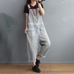 Comfortable, One of Kind. Overalls online shop,|Street|Denim|Striped|Full Length|Button|Pullover|Loose|Female|Light Blue|One Size|Spring/Fall|Hand Wash Striped Cotton Overalls For Spring, Spring Striped Cotton Overalls, Casual Striped Overalls With Pockets, Casual Relaxed Fit Overalls With Buttons, Loose Overalls, Cotton Overalls, Denim Patterns, Casual Stripes, Loose Pants