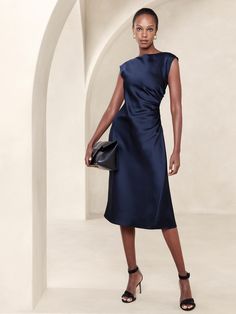 Shirred-Side Satin Midi Dress | Banana Republic Factory Coctail Attaire Woman Winter, Satin Party Dress Classy, Silky Dress Outfit, Formal Midi Dress Classy, Slip Dress Formal, Boat Neck Dresses, Midi Dress Classy, Navy Satin Dress, Boat Neck Midi Dress