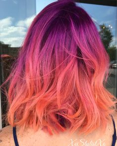 Sunset Hair by XoStylistXo … Pink And Orange Hair, Orange Hair, Pink And Orange, Orange, Purple, Hair, Pink