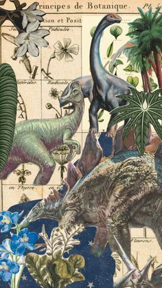 an image of dinosaurs and plants on a map