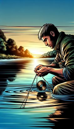 a man kneeling down in the water holding a metal ball and fishing with a pole