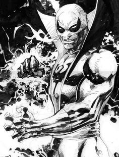 the flash in black and white with splashing water around it's face, holding his arm out