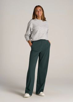 Flat Front Wide Leg Dress Pants for Tall Women | American Tall Pants For Tall Women, Womens Winter Pants, Long Knife, Best Work Pants, Pleated Dress Pants, Tall Dress, Slacks For Women, Tall Dresses, Tall Pants