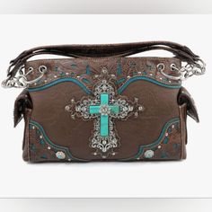 Swanson Christian Products *Zelris Turquoise Rhinestone Cross Western Women Conceal Carry Handbag *Interior Showcases A Middle Zipper Divider Pocket, Open And Closed Zipper Pockets For Better Organization Of Your Belongings. Magnetic Snap Flap Closure Side Pockets For Items That Need Quick Retrieval. The Back Conceal Carry Pocket Is Large Enough For Popular Handheld Firearms Like Glocks. Wide Pocket On The Back To Fit Your Smartphone Or Handheld Devices. **Purse Ccw Compartment: Back Zipper Conc Christian Products, Concealed Carry Handbags, Handheld Devices, Western Women, Rhinestone Cross, Women's Cover Up, Shoulder Handbag, Shoulder Handbags, Divider