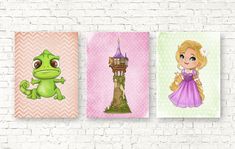 three princesses are hanging on the wall next to each other and one is holding a frog