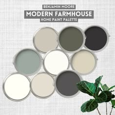 the modern farmhouse paint palette is shown in shades of gray, white and grey with green leaves