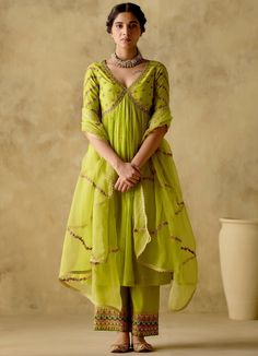 Neon Green Silk Anarkali Palazzo Set Varun Chhabra - Fabilicious Fashion Green Anarkali, Silk Anarkali, Palazzo Set, Designer Kurtis, Designer Dresses Casual, Boutique Dress Designs, Party Wear Indian Dresses, Dress Indian Style, Indian Designer Outfits