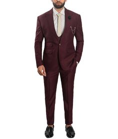 3-Piece Peak Lapel Burgundy Suit For Men
Introducing the 3 Piece Peak Lapel Men’s Burgundy Suit – a fusion of classic elegance and modern sophistication. Tailored to perfection, this suit blends the richness of burgundy with a distinguished peak lapel design. The deep burgundy color adds a touch of luxury, suitable for various formal occasions. The structured peak lapel jacket exudes authority and style, leaving a lasting impression. This complete suit set includes a jacket, vest, and pants, wit Semi-formal Fitted Burgundy Suit And Tie Accessories, Red Notch Lapel Three-piece Suit For Groom, Red Three-piece Suit With Notch Lapel For Groom, Classic Red Three-piece Suit For Groom, Burgundy Notch Lapel Suit For Business Casual, Burgundy Business Suit With Suit Collar, Burgundy Single Breasted Suit With Suit Collar, Fitted Burgundy Suit For Business, Burgundy Single-breasted Suit With Suit Collar