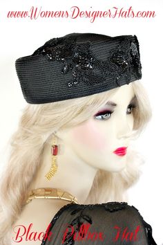 Black Pillbox Fashion Hat For Women. This couture dress hat is trimmed with beaded pearl sequin appliques. This formal hat is classic in design. Simply yet elegant.

Material: Polypropylene : Black Straw Braid - Sequin Beaded Appliques

Head Size: 22.5 Inches

Style: Pillbox Hat

Condition: New Custom Made

We Specialize In Designer Hats For Women, Hats For Weddings, Custom Made Hats For Spring, Bridal Hats, Hats For Brides, Haute Couture High Fashion Hats, Kentucky Derby Hats, Formal Hats For W White Pillbox Hat, Pink Pillbox Hat, Special Occasion Hats, Custom Made Hats, Royal Ascot Hats, Occasion Hats, Couture Hats, Bridal Hat, Kentucky Derby Hats