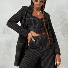 Missguided X Kehlani Black Pinstripe Blazer / Dress 4. Collaboration. New Nwt Black And White Pinstripe Blazer - Longer Length So It Can Be Worn As A Jacket Or As A Short Mini For A More Oversized Look, Size Up!Dress. Padded Shoulders. Double Breasted With Button Closure. Zipper Details.