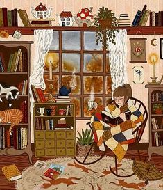 a woman sitting in a chair reading a book next to a cat and bookshelf