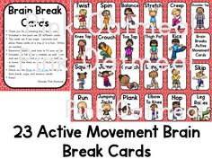 the brain break cards for children to practice their movement and memory skills, with an image of